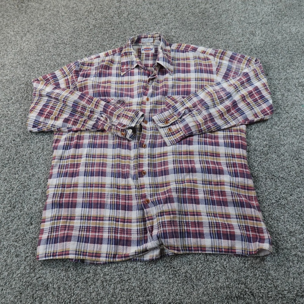 VTG Dickies Shirt Mens L Plaid Flannel Button Up Long Sleeve Workwear 80s 90s